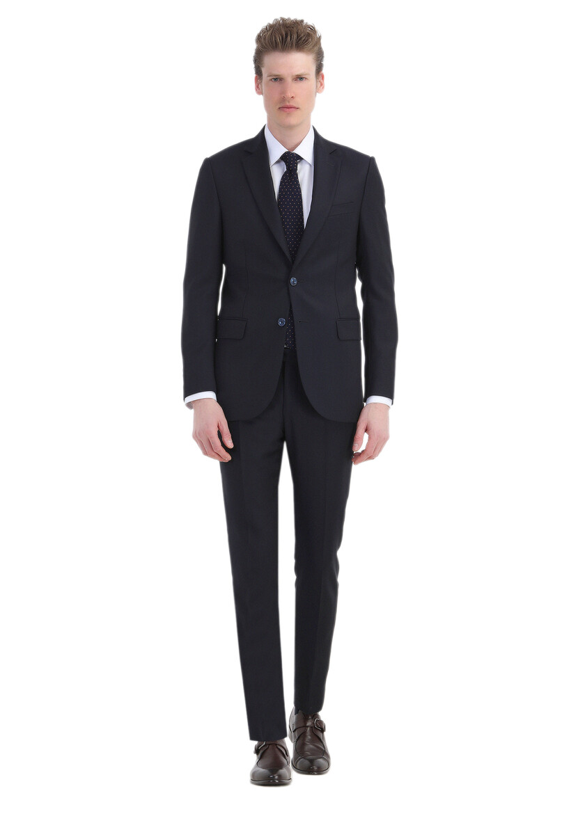 Navy Blue Striped Thin&Taller Slim Fit Wool Blended Suit - 1