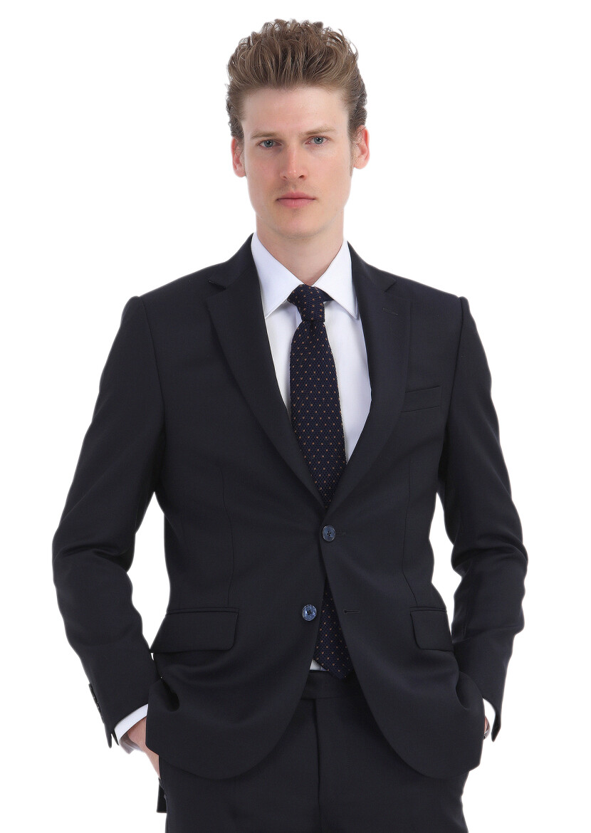 Navy Blue Striped Thin&Taller Slim Fit Wool Blended Suit - 2