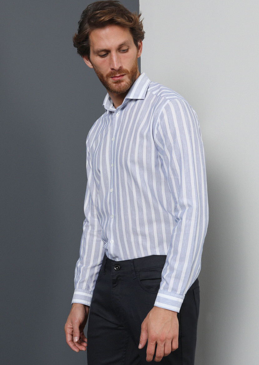 Navy Blue Striped Weaving Casual 100% Cotton Shirt - 1