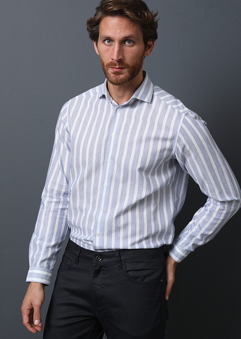 Navy Blue Striped Weaving Casual 100% Cotton Shirt - 2