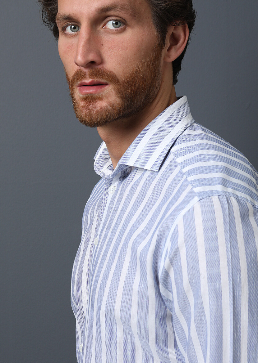 Navy Blue Striped Weaving Casual 100% Cotton Shirt - 3