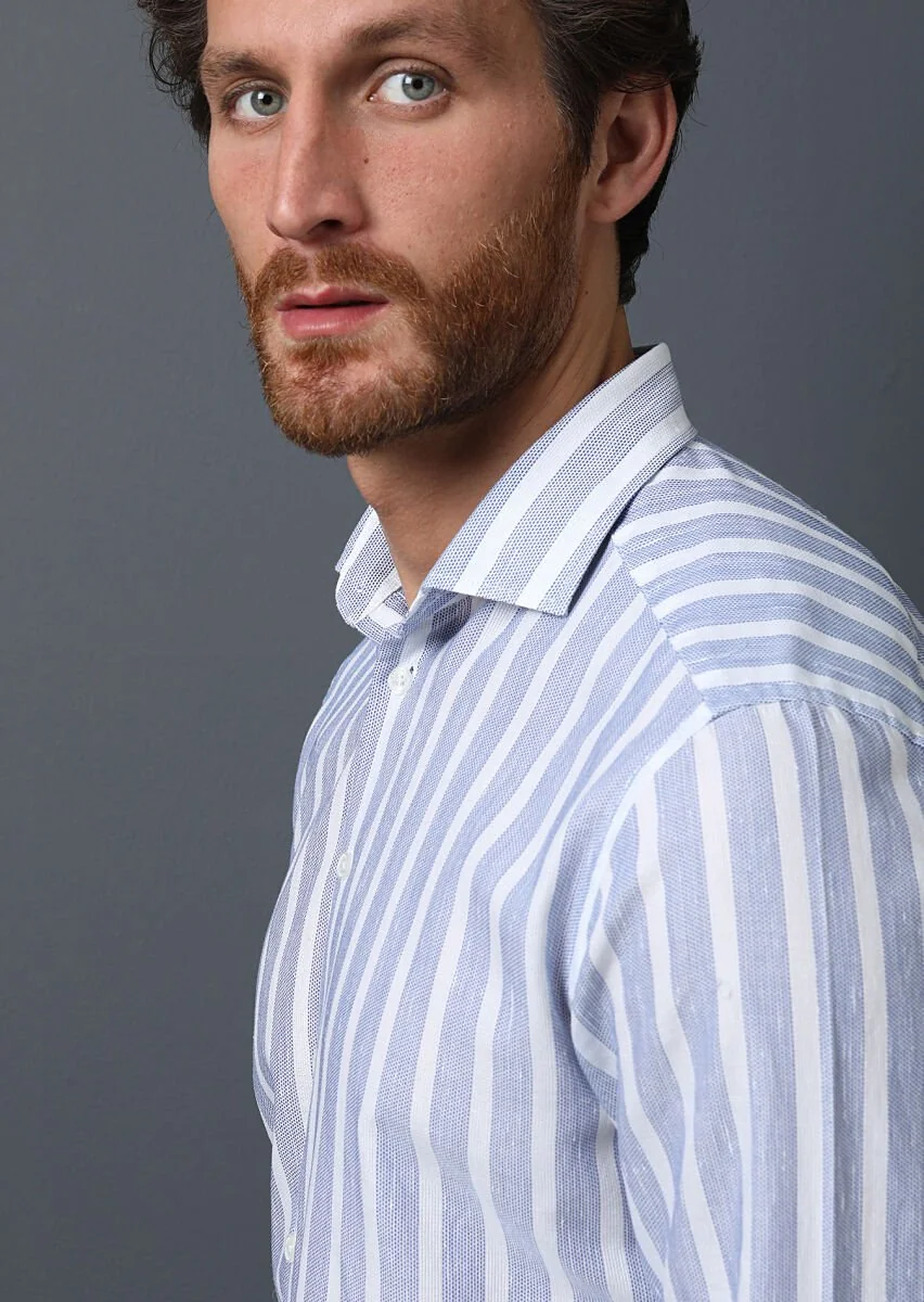 Navy Blue Striped Weaving Casual 100% Cotton Shirt - 3