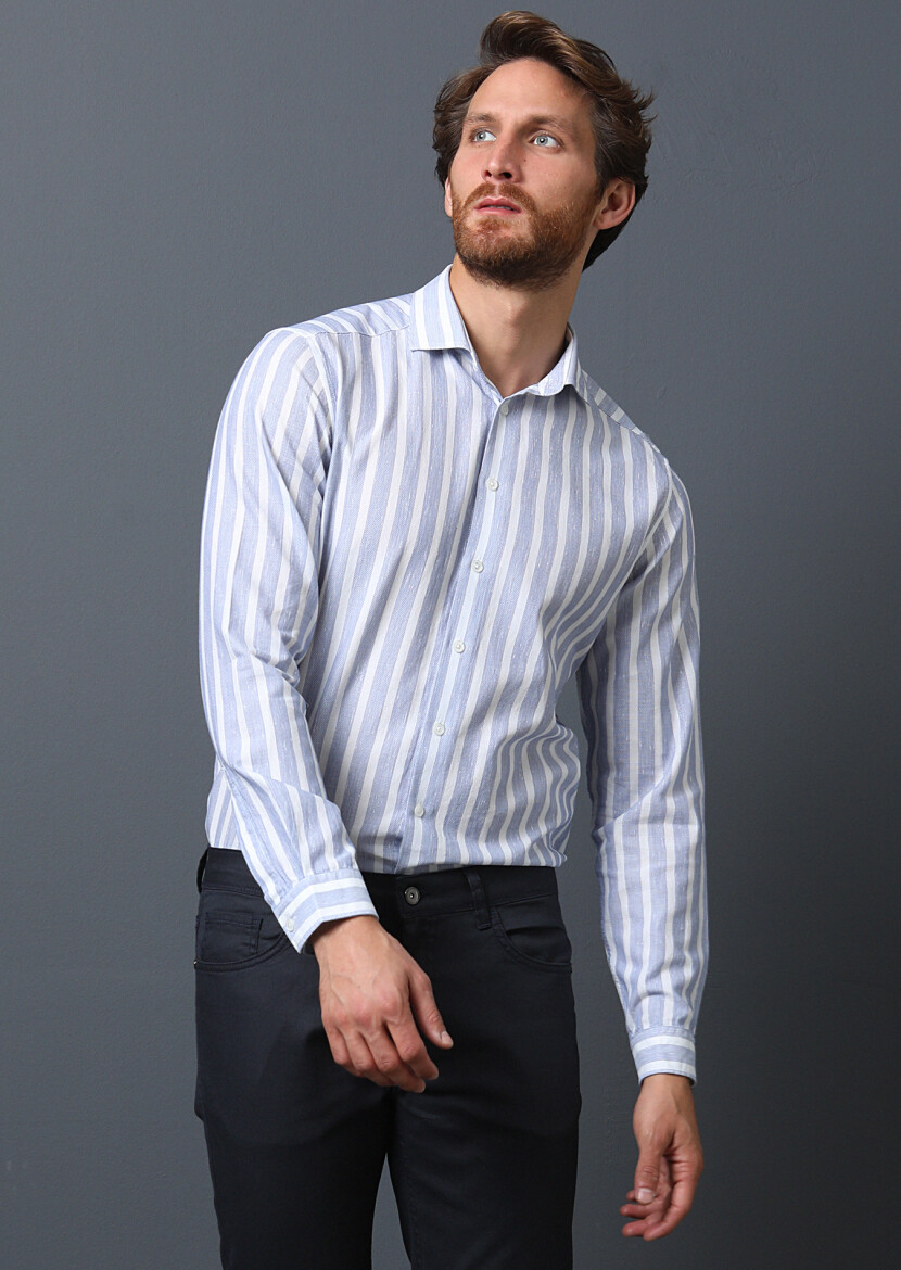 Navy Blue Striped Weaving Casual 100% Cotton Shirt - 4