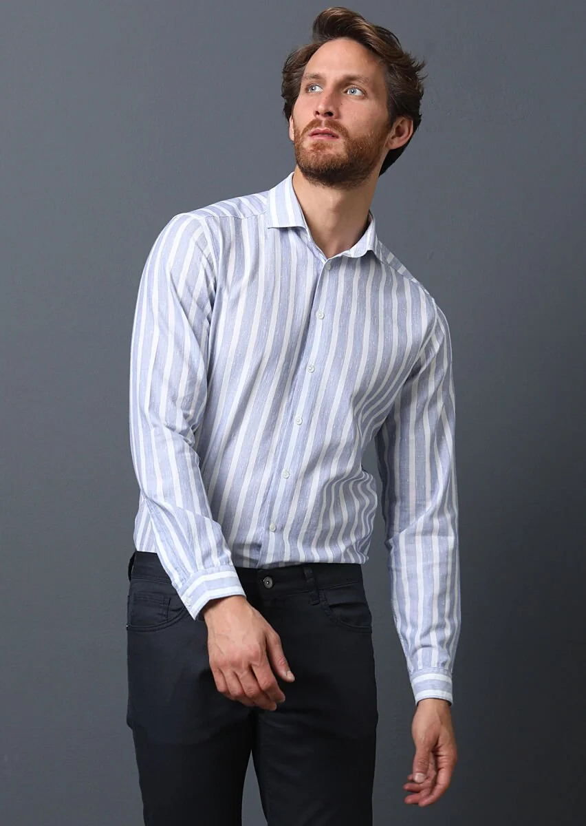 Navy Blue Striped Weaving Casual 100% Cotton Shirt - 4