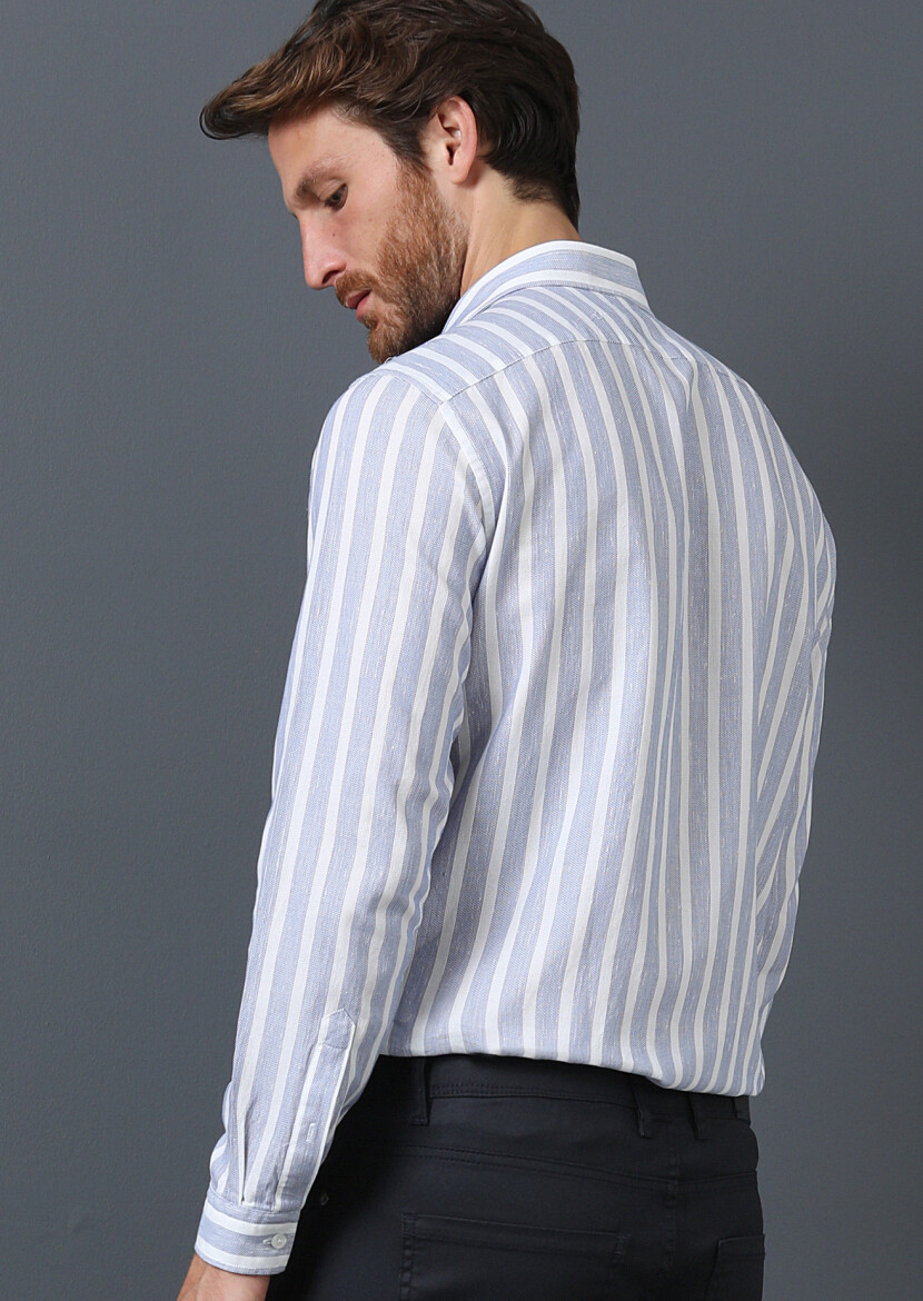 Navy Blue Striped Weaving Casual 100% Cotton Shirt - 5