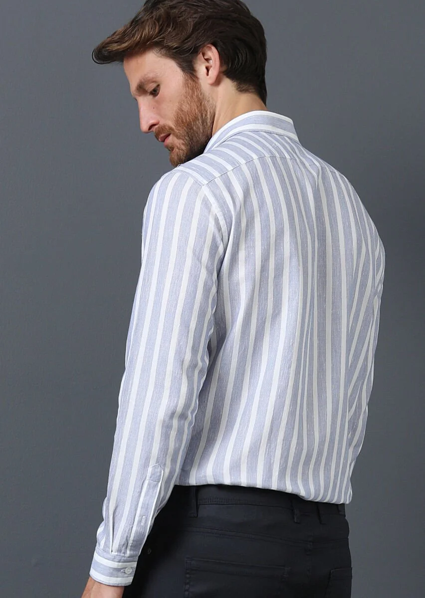 Navy Blue Striped Weaving Casual 100% Cotton Shirt - 5