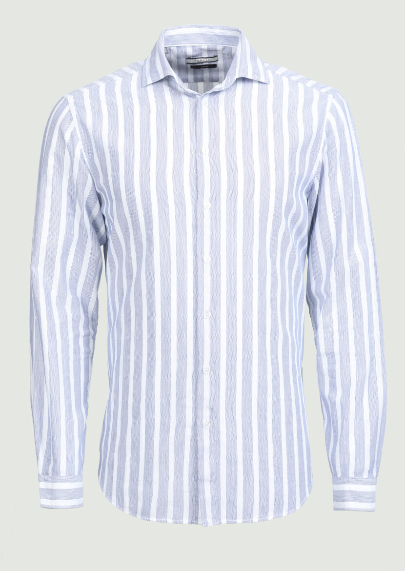Navy Blue Striped Weaving Casual 100% Cotton Shirt - 6