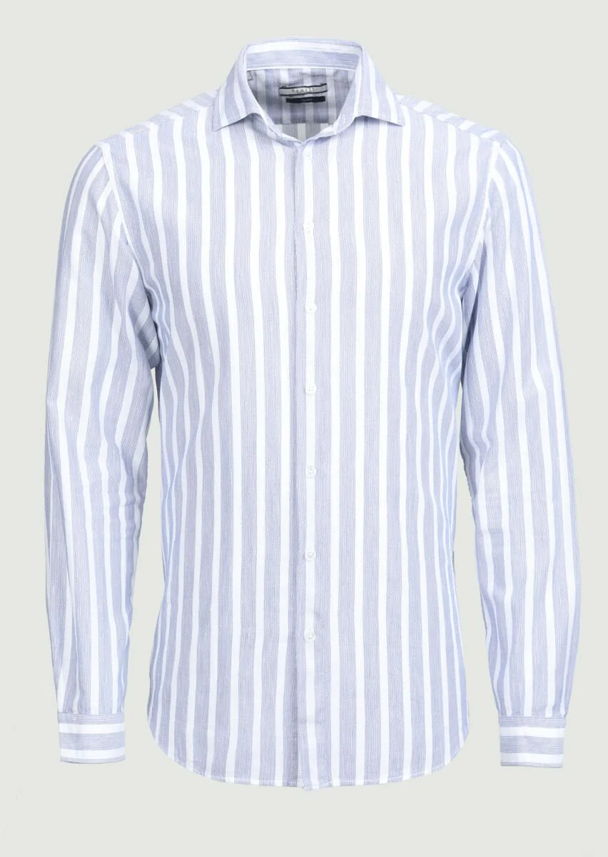 Navy Blue Striped Weaving Casual 100% Cotton Shirt - 6
