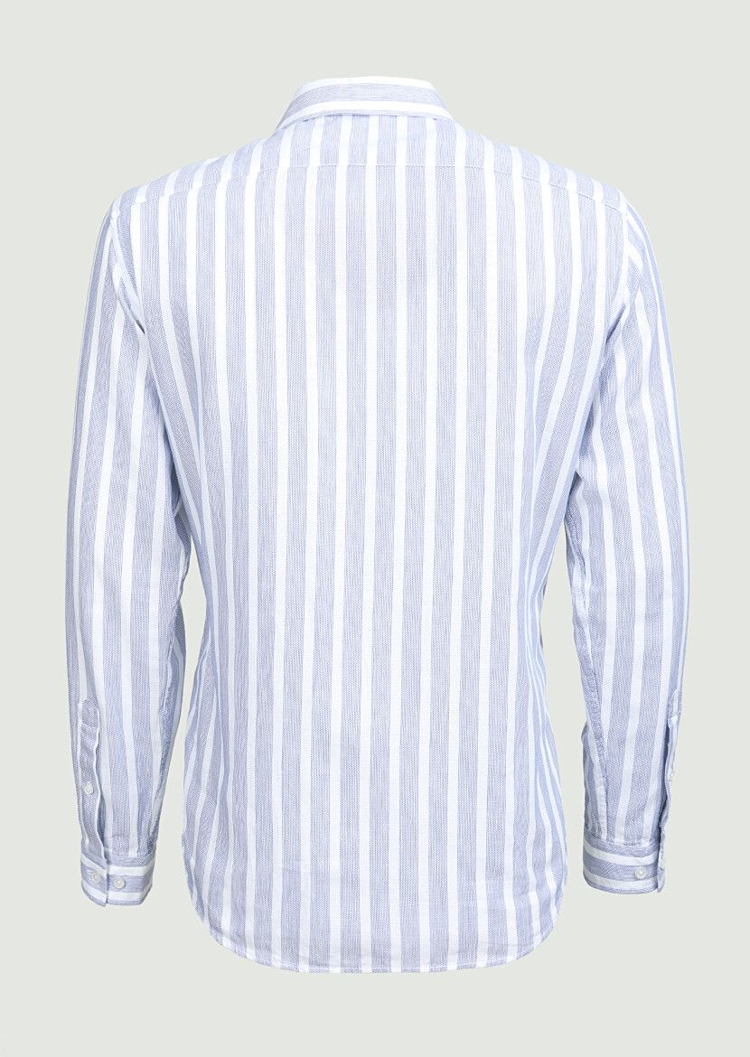Navy Blue Striped Weaving Casual 100% Cotton Shirt - 7