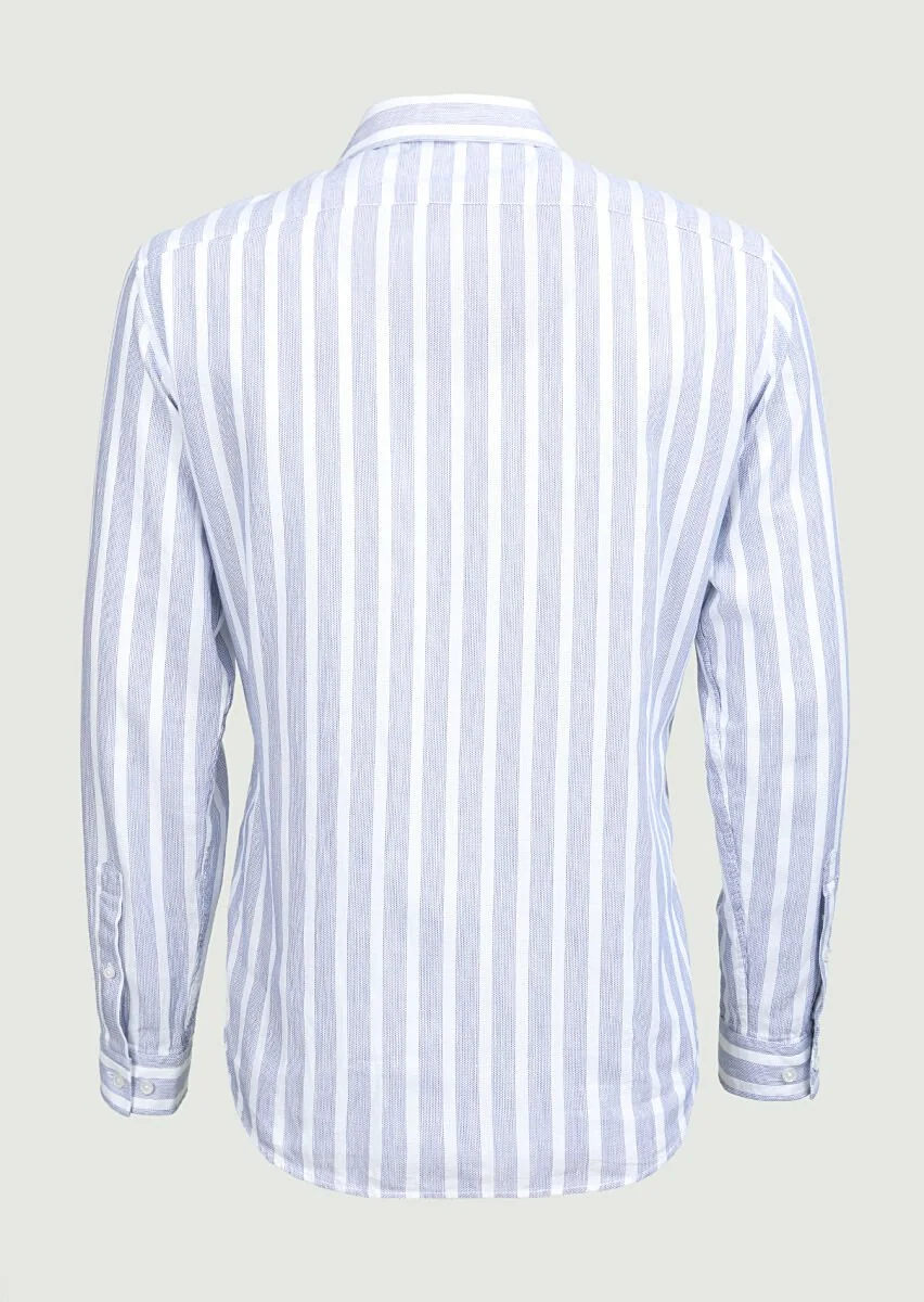 Navy Blue Striped Weaving Casual 100% Cotton Shirt - 7