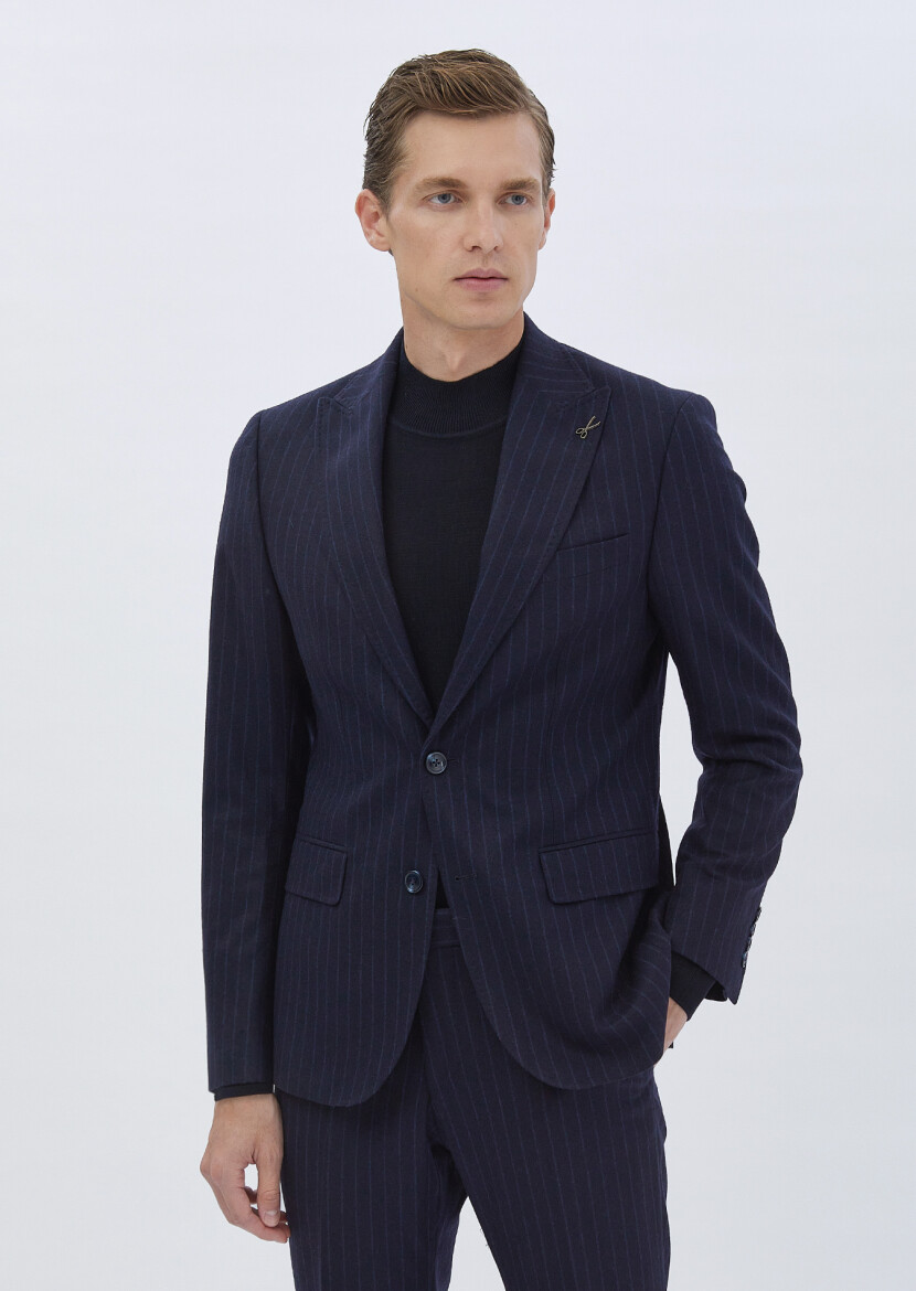 Navy Blue Striped Wool Blended Suit - 1