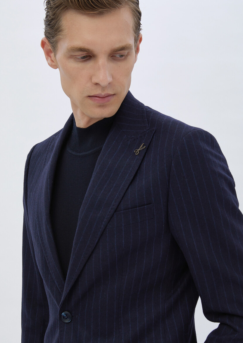 Navy Blue Striped Wool Blended Suit - 3