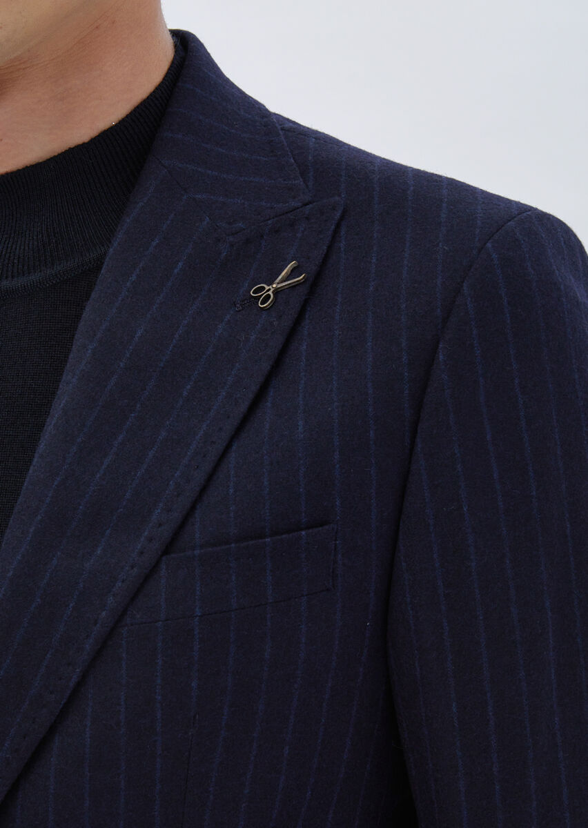 Navy Blue Striped Wool Blended Suit - 5