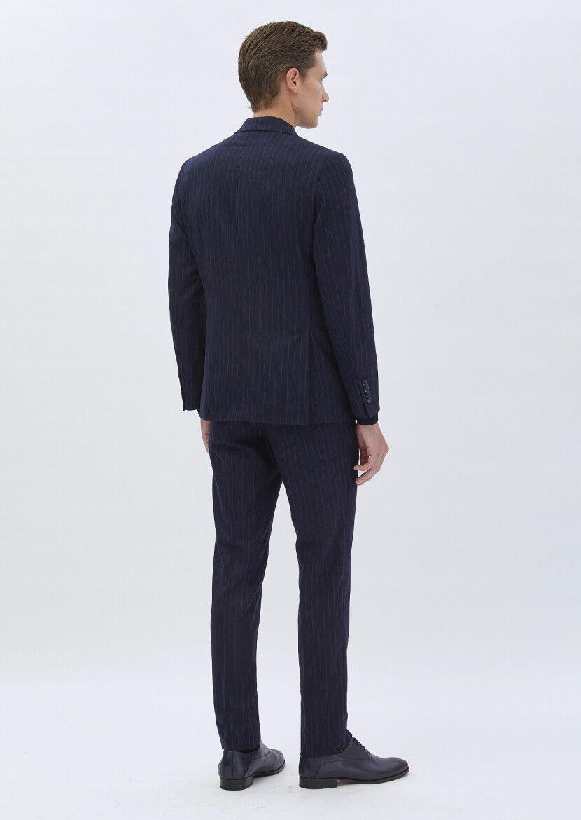 Navy Blue Striped Wool Blended Suit - 6