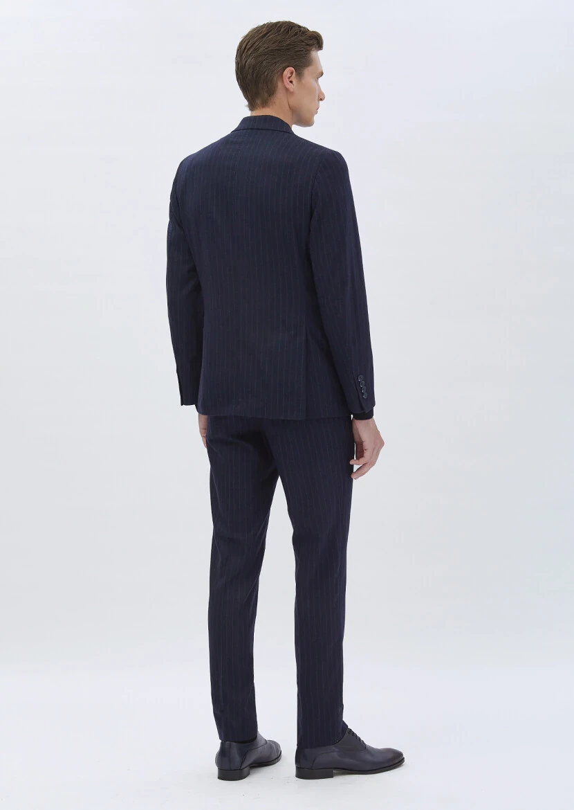 Navy Blue Striped Wool Blended Suit - 6