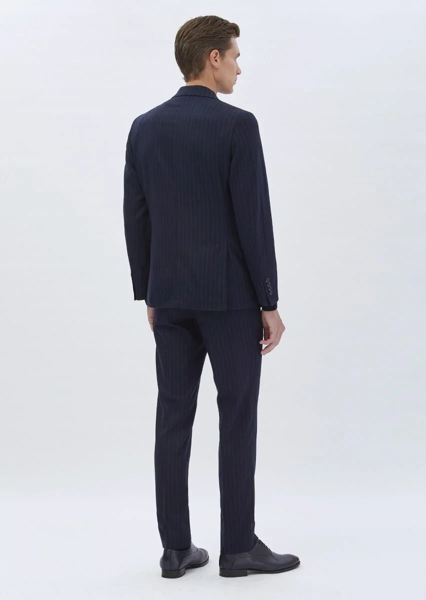 Navy Blue Striped Wool Blended Suit - 6