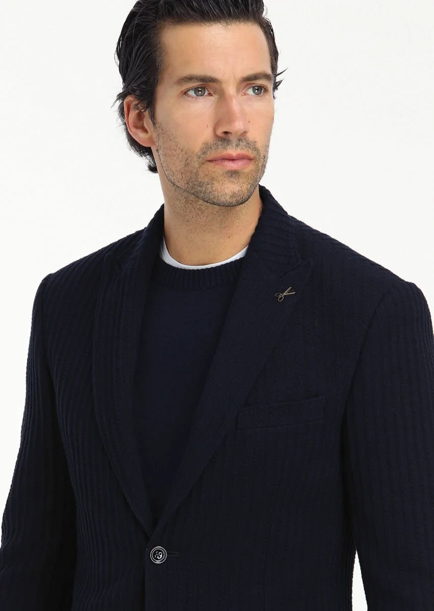 Navy Blue Striped Zeroweight Slim Fit 100% Cotton Jacket - 2