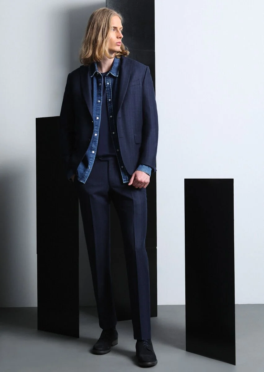 Navy Blue Striped Zeroweight Slim Fit 100% Wool Suit - 1