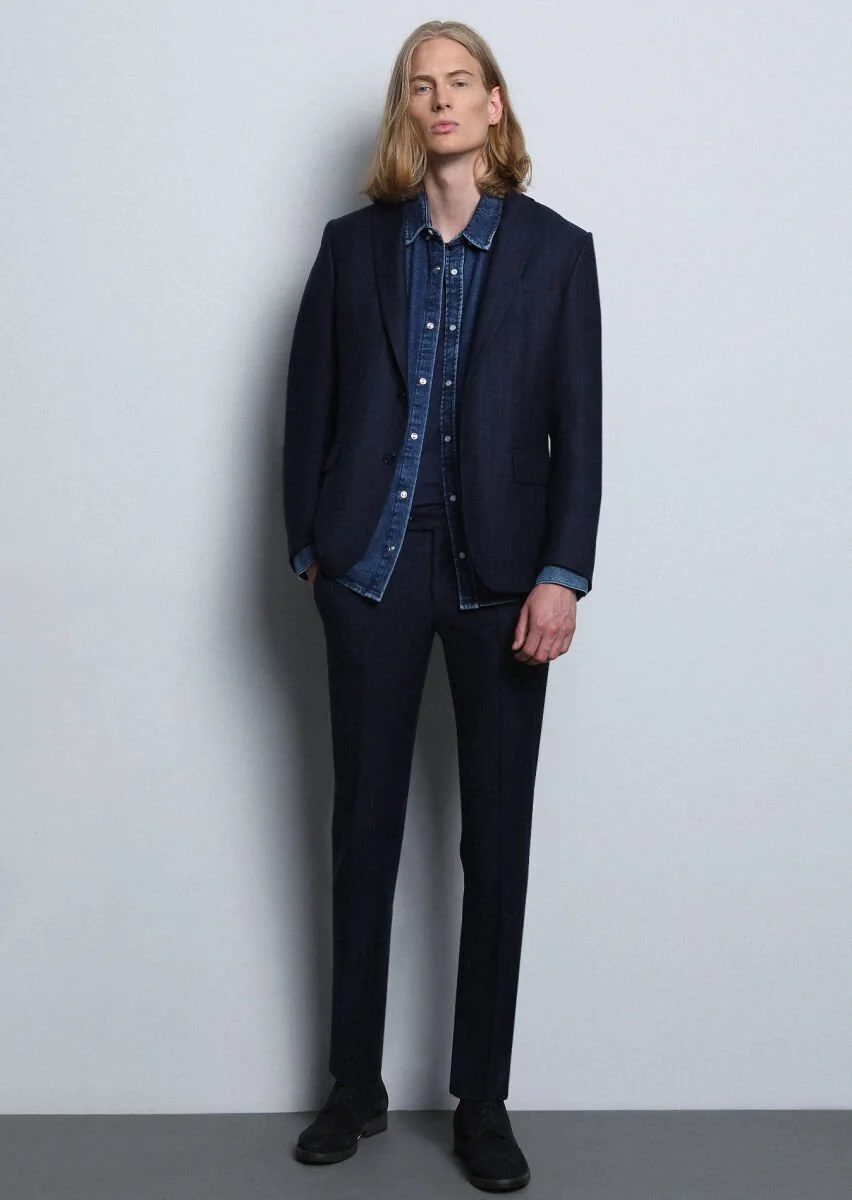 Navy Blue Striped Zeroweight Slim Fit 100% Wool Suit - 2