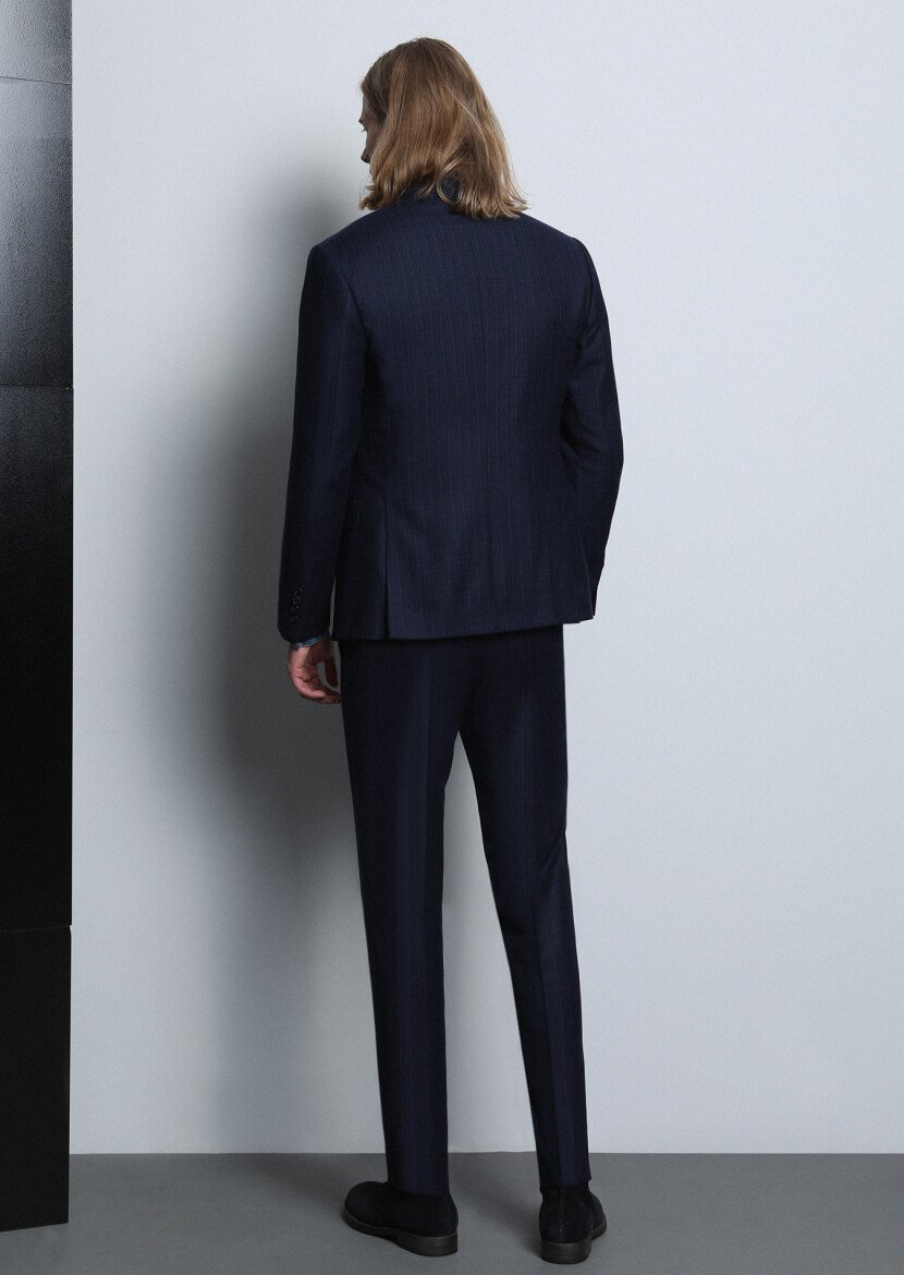 Navy Blue Striped Zeroweight Slim Fit 100% Wool Suit - 5