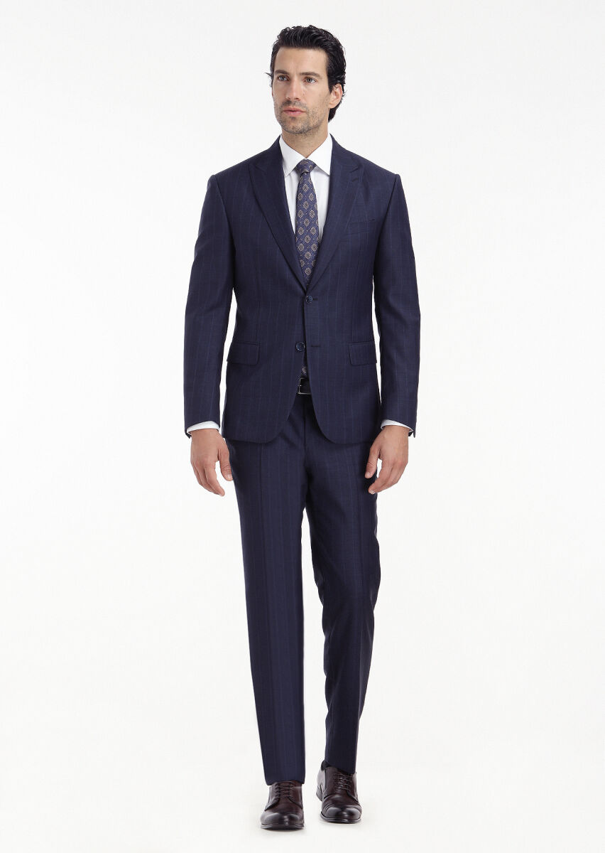 Navy Blue Striped Zeroweight Slim Fit 100% Wool Suit - 1