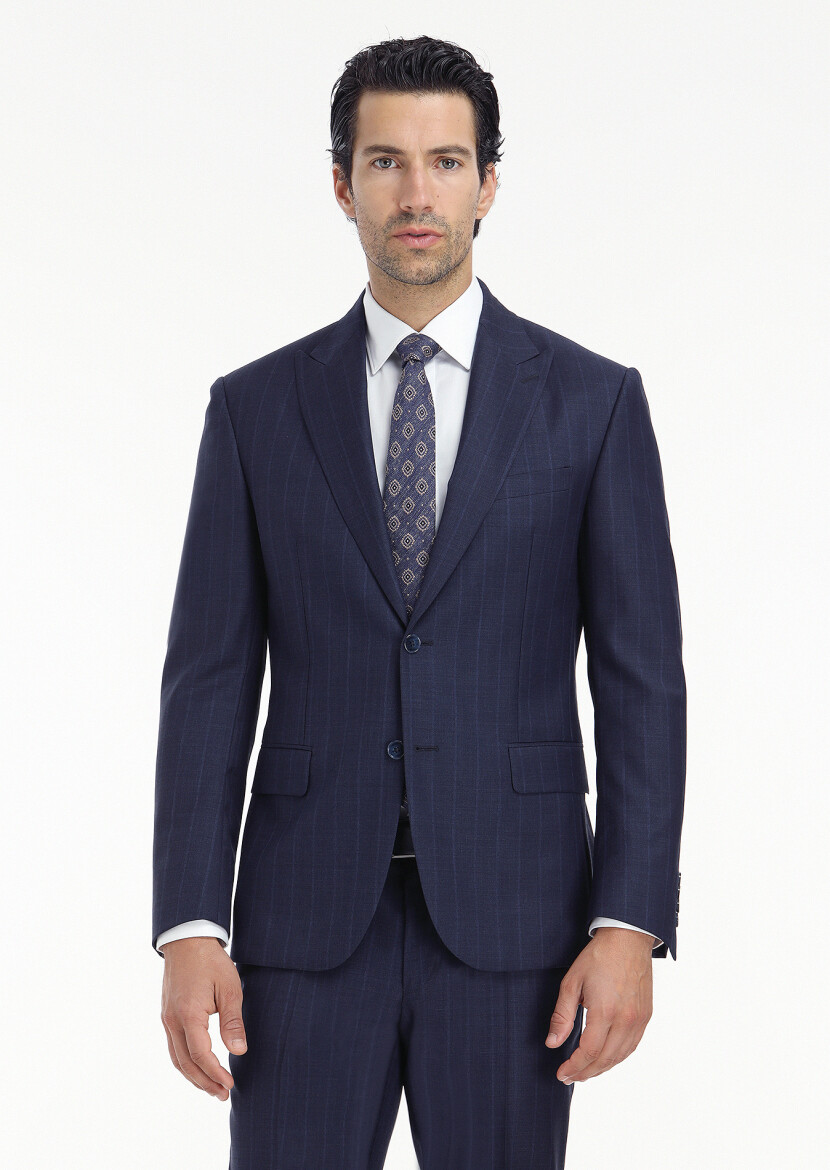 Navy Blue Striped Zeroweight Slim Fit 100% Wool Suit - 3