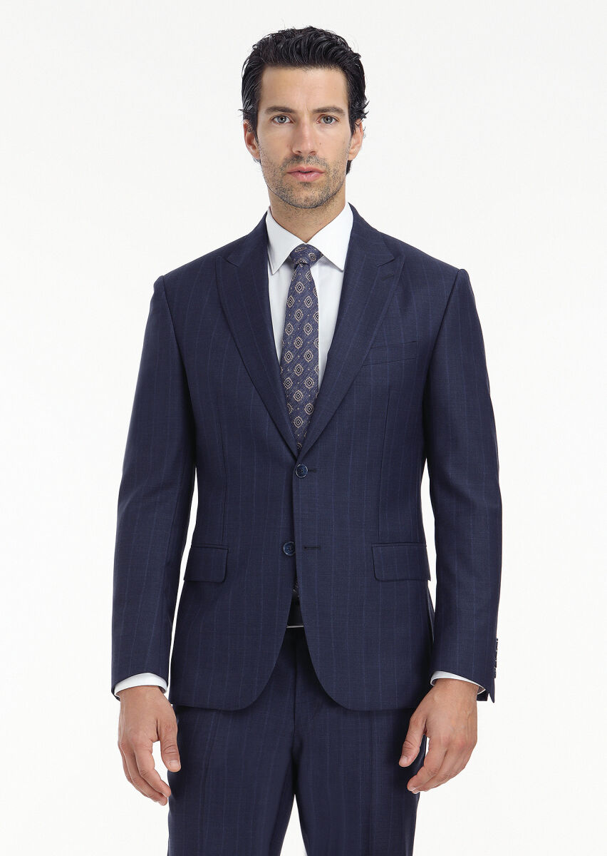 Navy Blue Striped Zeroweight Slim Fit 100% Wool Suit - 3