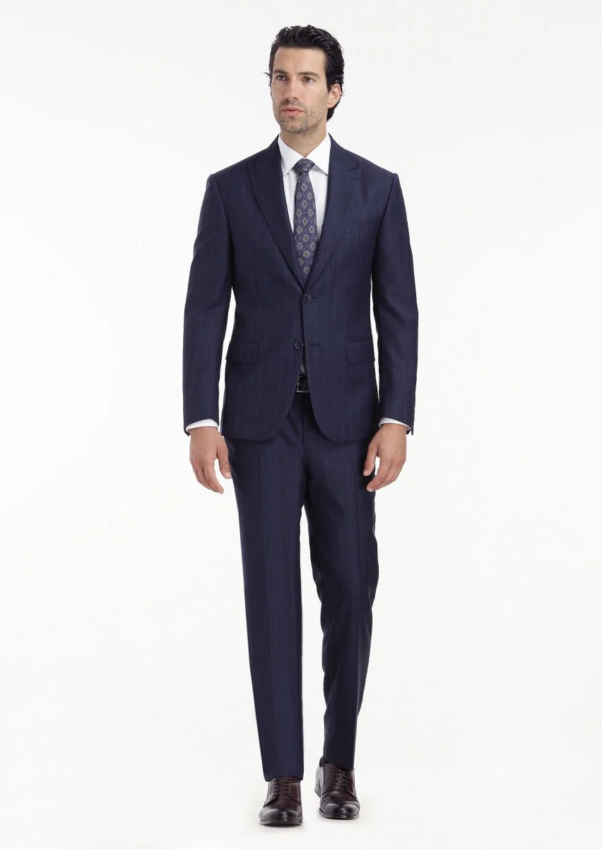 Navy Blue Striped Zeroweight Slim Fit 100% Wool Suit - 1
