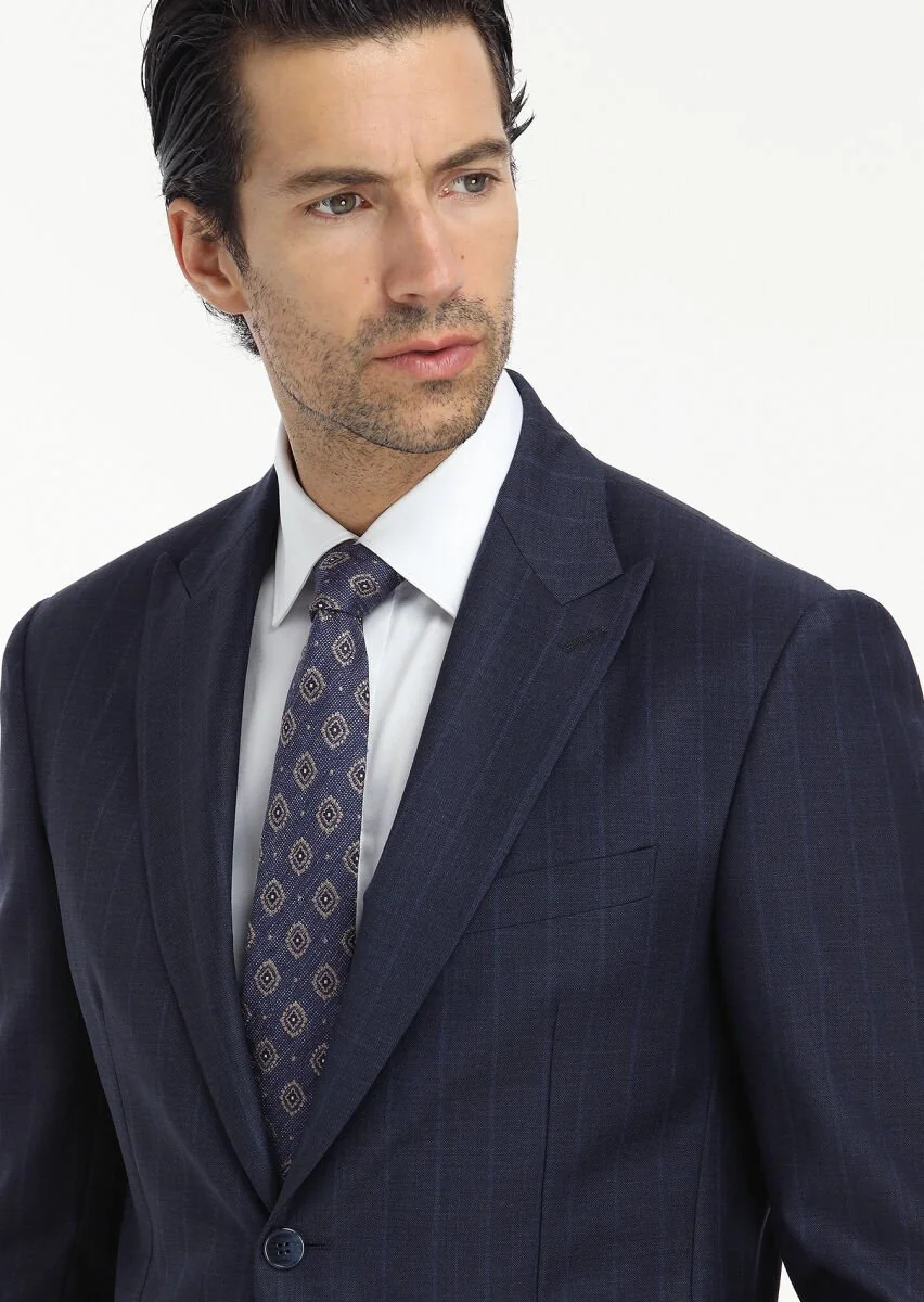 Navy Blue Striped Zeroweight Slim Fit 100% Wool Suit - 2