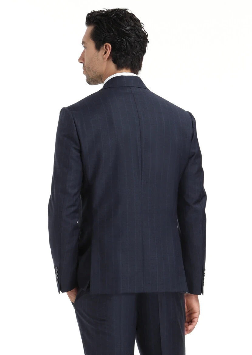 Navy Blue Striped Zeroweight Slim Fit 100% Wool Suit - 5