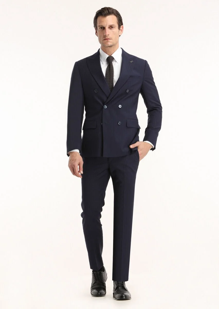 Navy Blue Striped Zeroweight Slim Fit 100% Wool Suit - 1