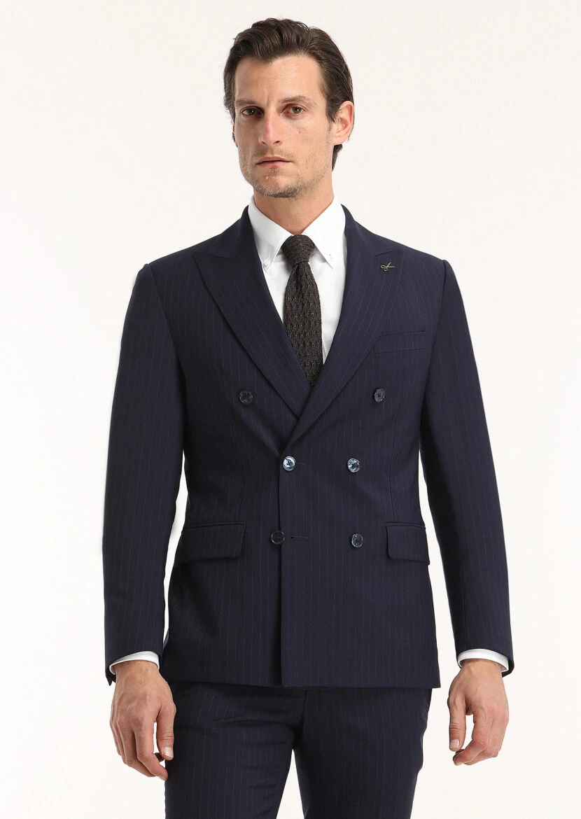 Navy Blue Striped Zeroweight Slim Fit 100% Wool Suit - 2