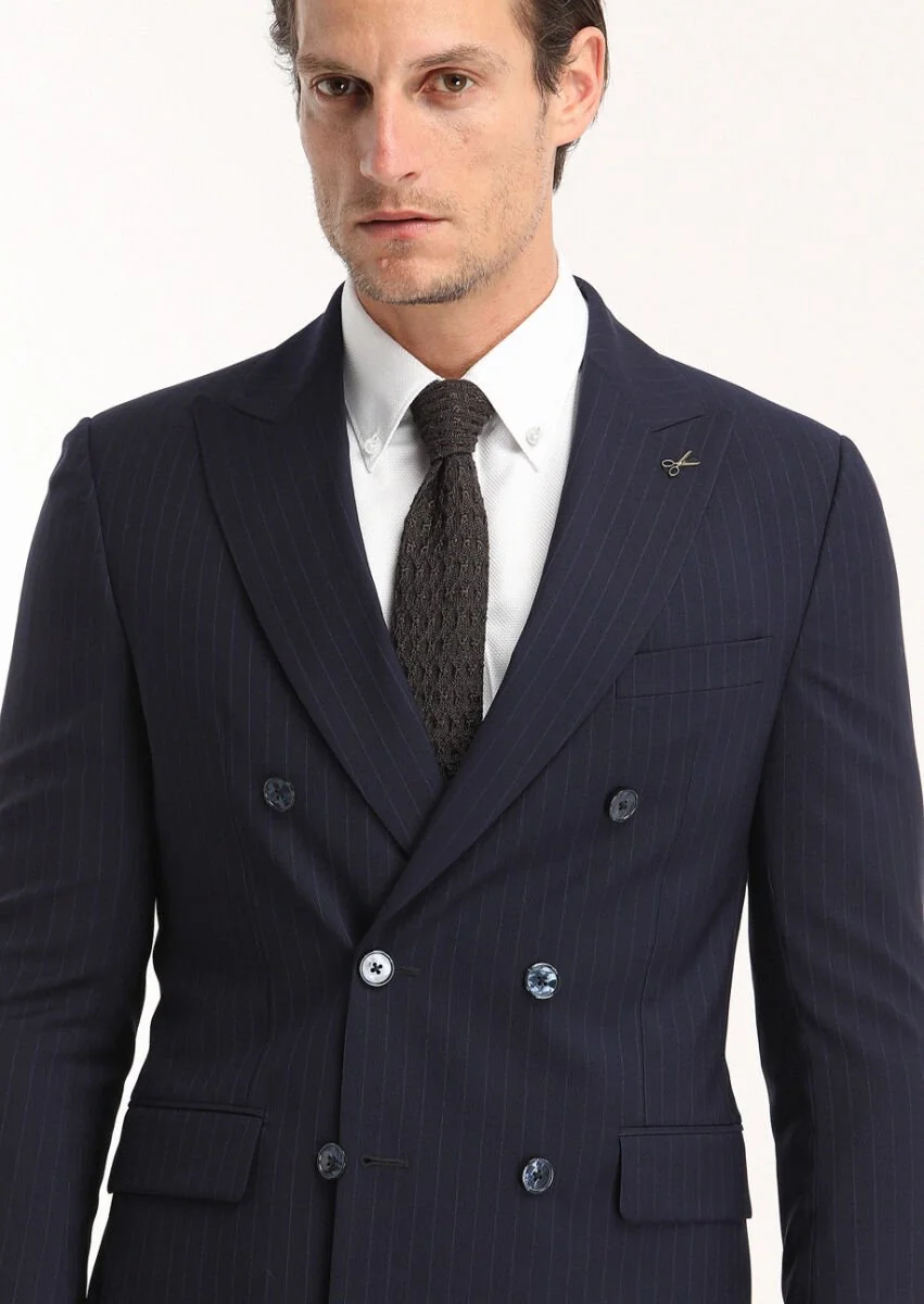 Navy Blue Striped Zeroweight Slim Fit 100% Wool Suit - 3