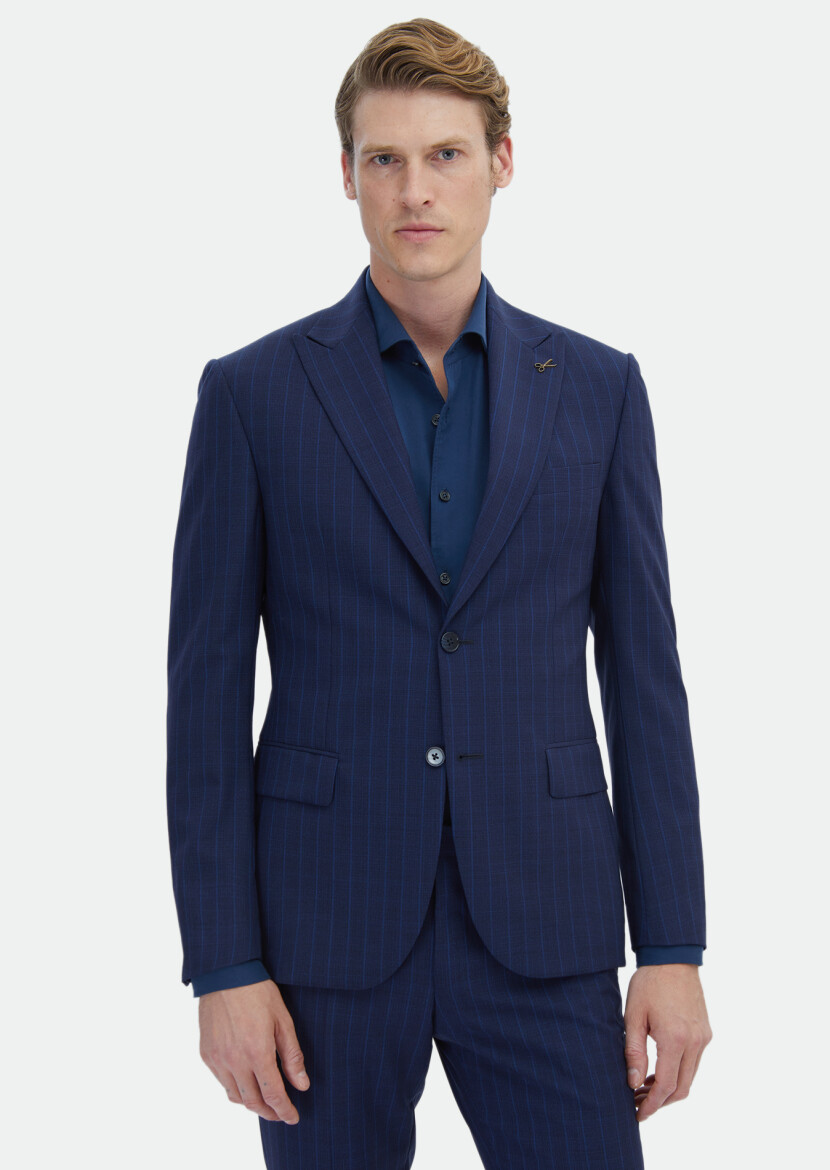 Navy Blue Striped Zeroweight Slim Fit 100% Wool Suit - 1