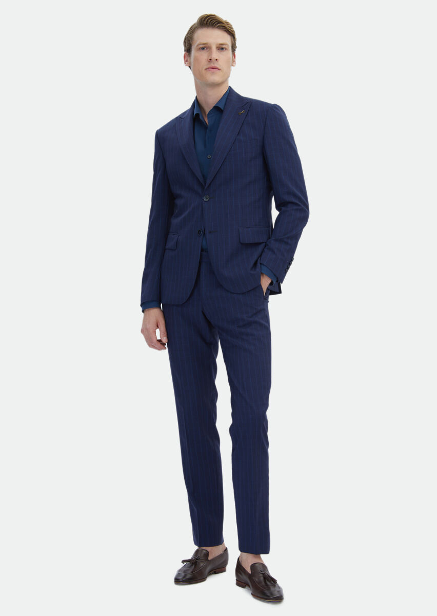 Navy Blue Striped Zeroweight Slim Fit 100% Wool Suit - 2