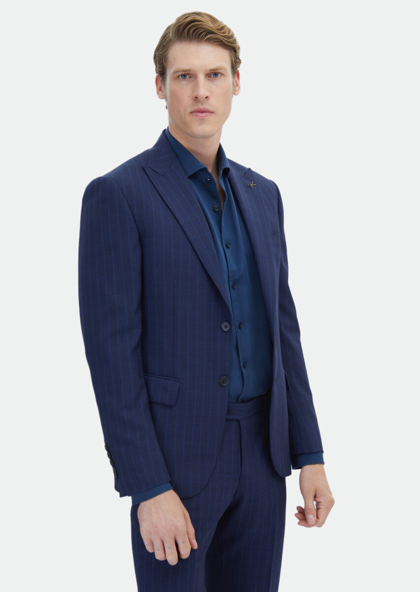 Navy Blue Striped Zeroweight Slim Fit 100% Wool Suit - 3