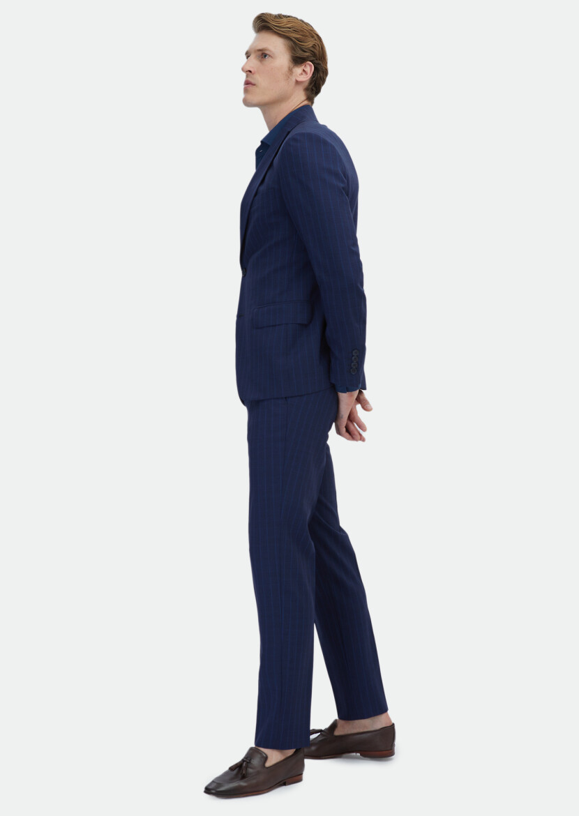 Navy Blue Striped Zeroweight Slim Fit 100% Wool Suit - 4