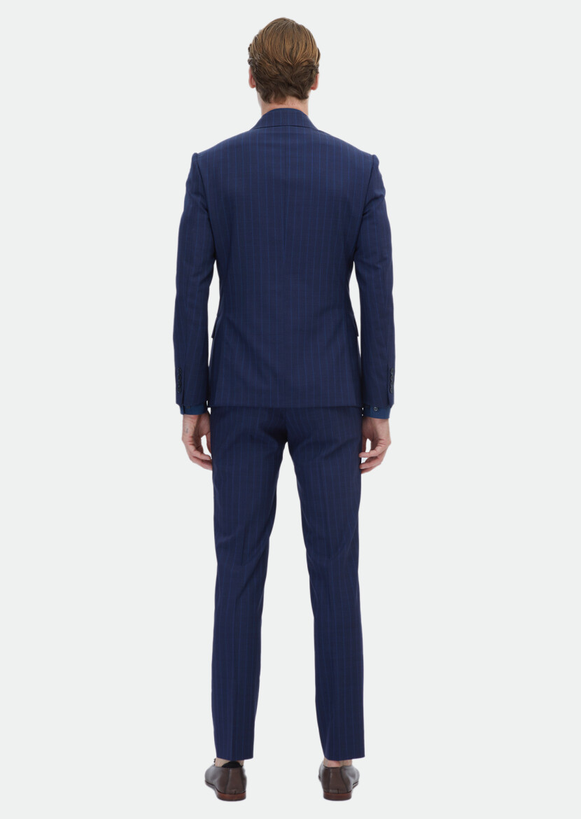 Navy Blue Striped Zeroweight Slim Fit 100% Wool Suit - 7