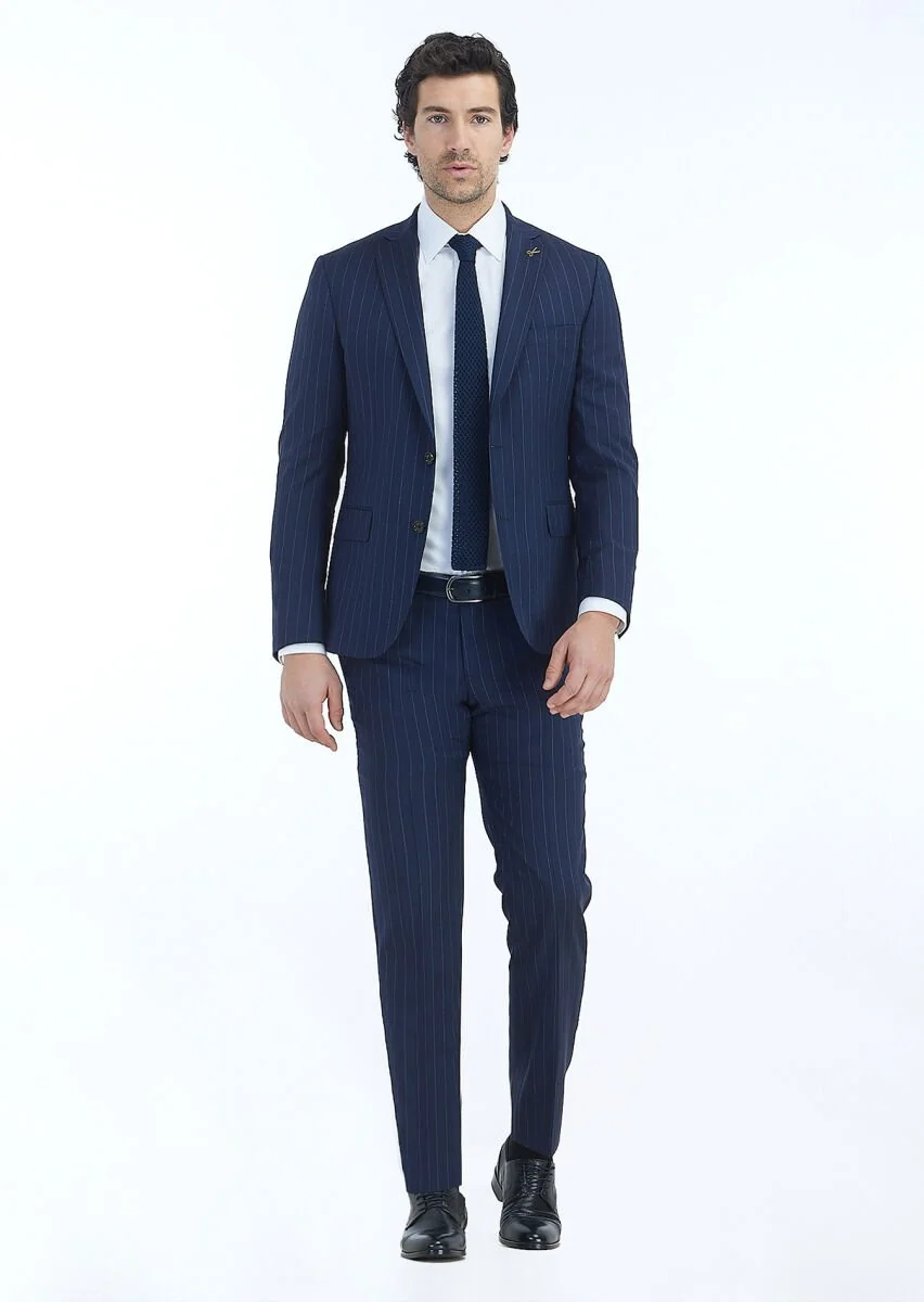 Navy Blue Striped Zeroweight Slim Fit 100% Wool Suit - 1