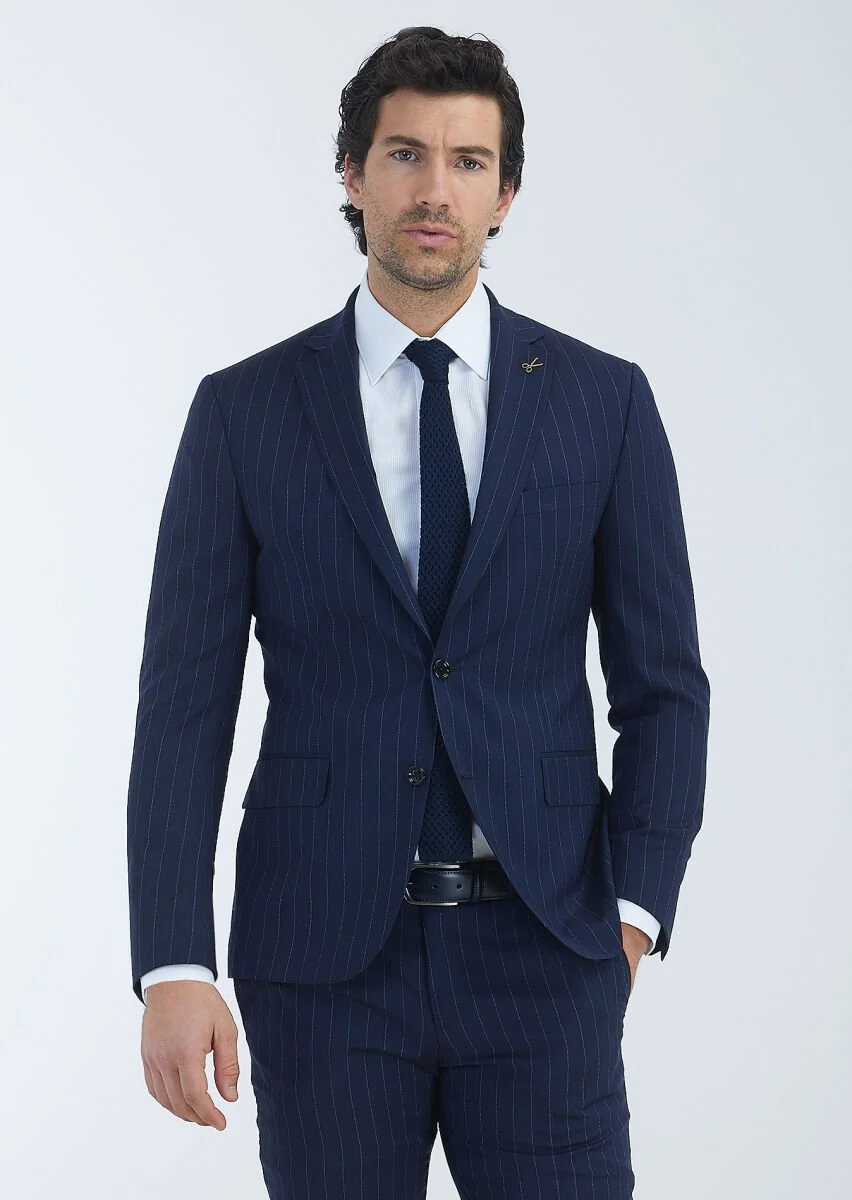 Navy Blue Striped Zeroweight Slim Fit 100% Wool Suit - 2