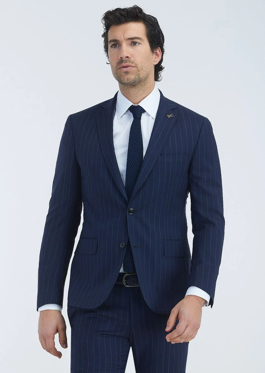 Navy Blue Striped Zeroweight Slim Fit 100% Wool Suit - 3