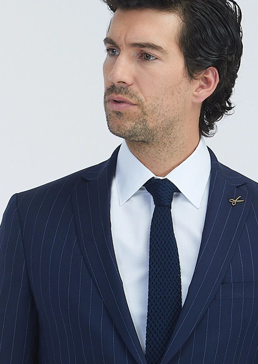 Navy Blue Striped Zeroweight Slim Fit 100% Wool Suit - 4