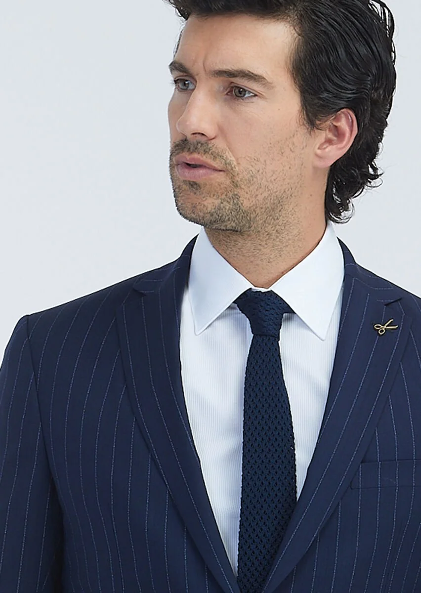 Navy Blue Striped Zeroweight Slim Fit 100% Wool Suit - 4