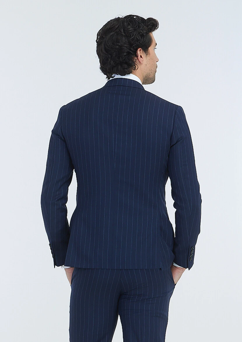 Navy Blue Striped Zeroweight Slim Fit 100% Wool Suit - 5