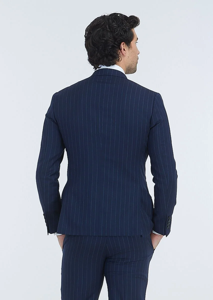 Navy Blue Striped Zeroweight Slim Fit 100% Wool Suit - 5