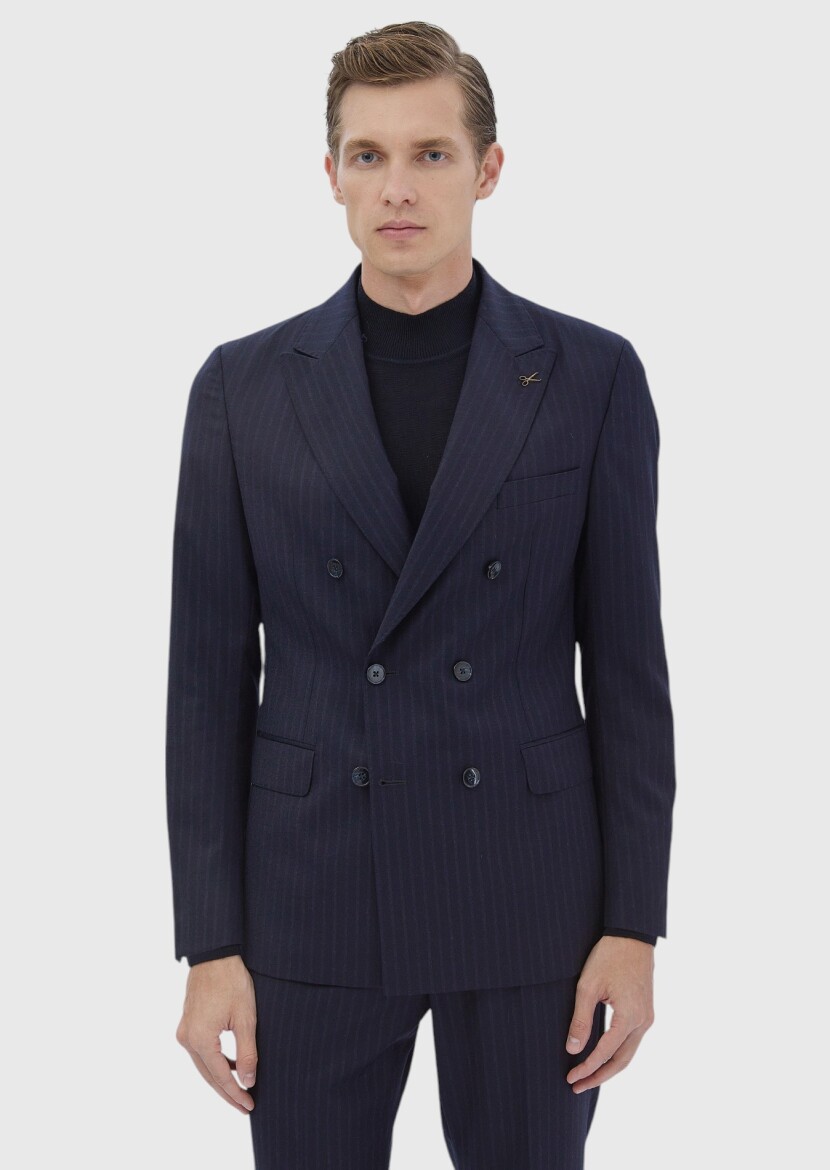 Navy Blue Striped Zeroweight Slim Fit 100% Wool Suit - 3