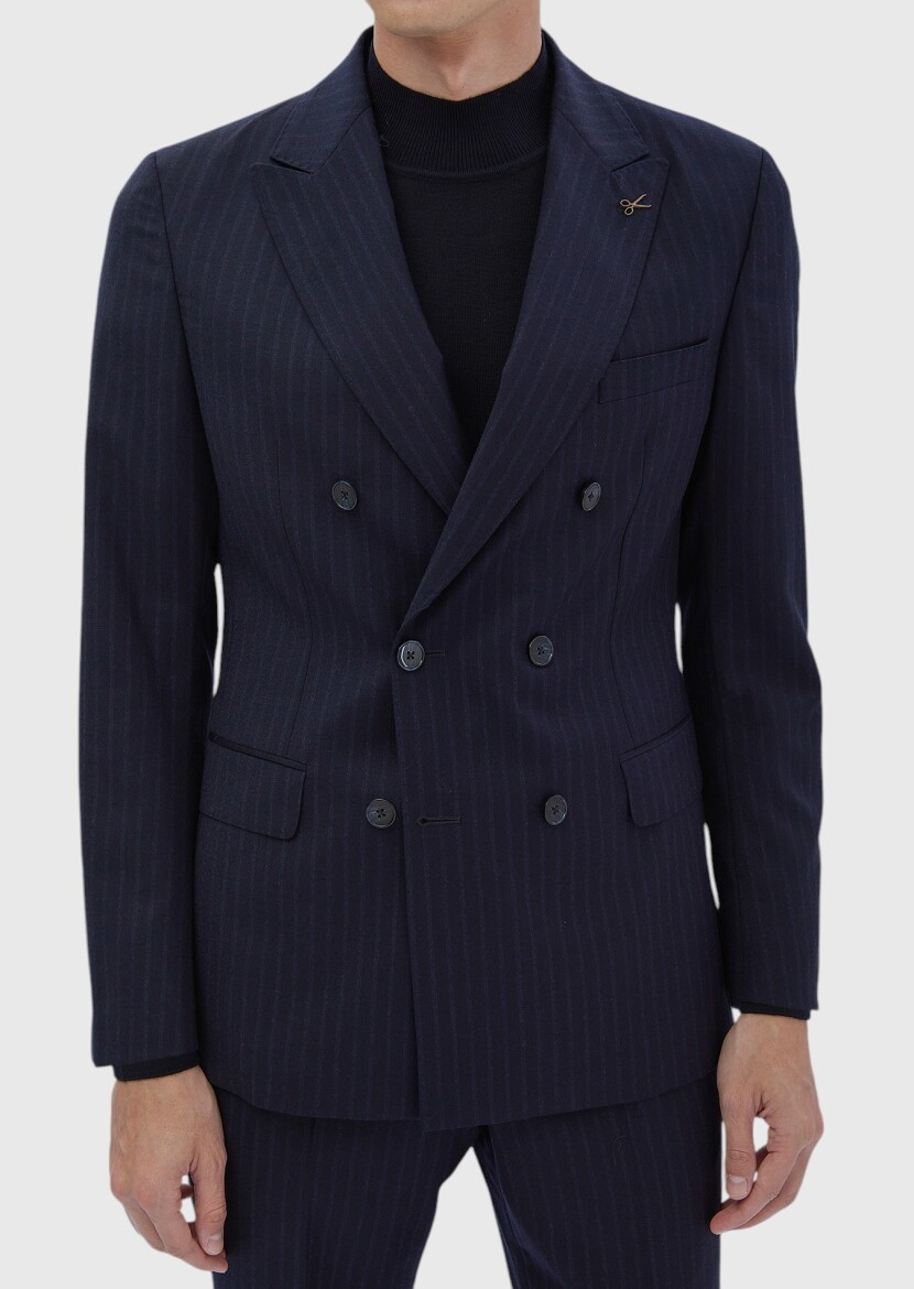 Navy Blue Striped Zeroweight Slim Fit 100% Wool Suit - 4