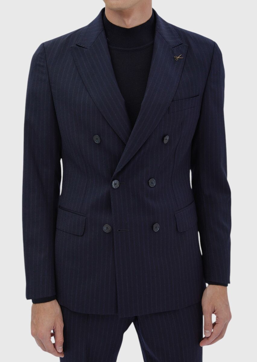 Navy Blue Striped Zeroweight Slim Fit 100% Wool Suit - 4