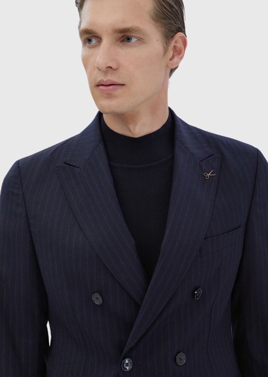 Navy Blue Striped Zeroweight Slim Fit 100% Wool Suit - 5