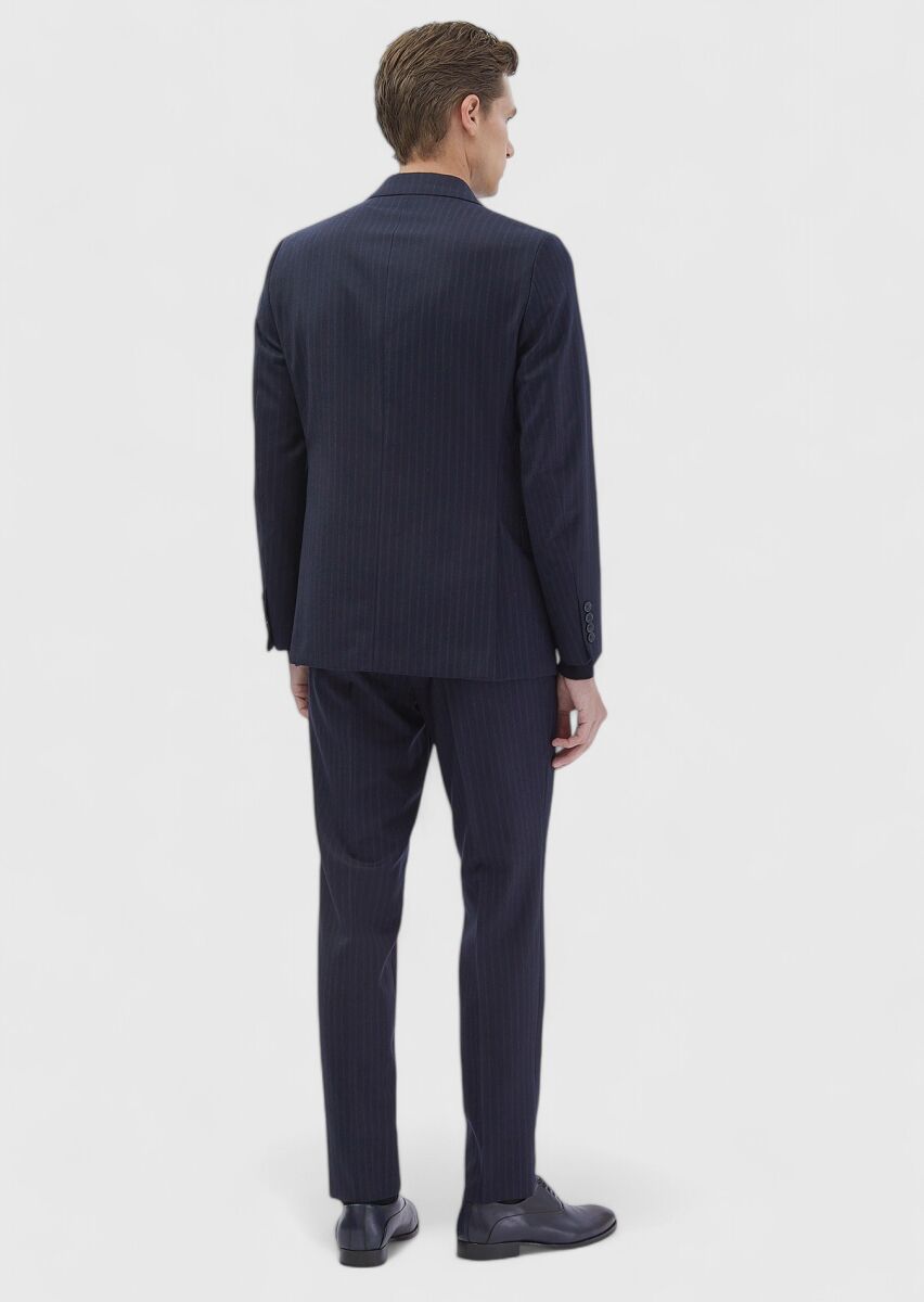 Navy Blue Striped Zeroweight Slim Fit 100% Wool Suit - 7